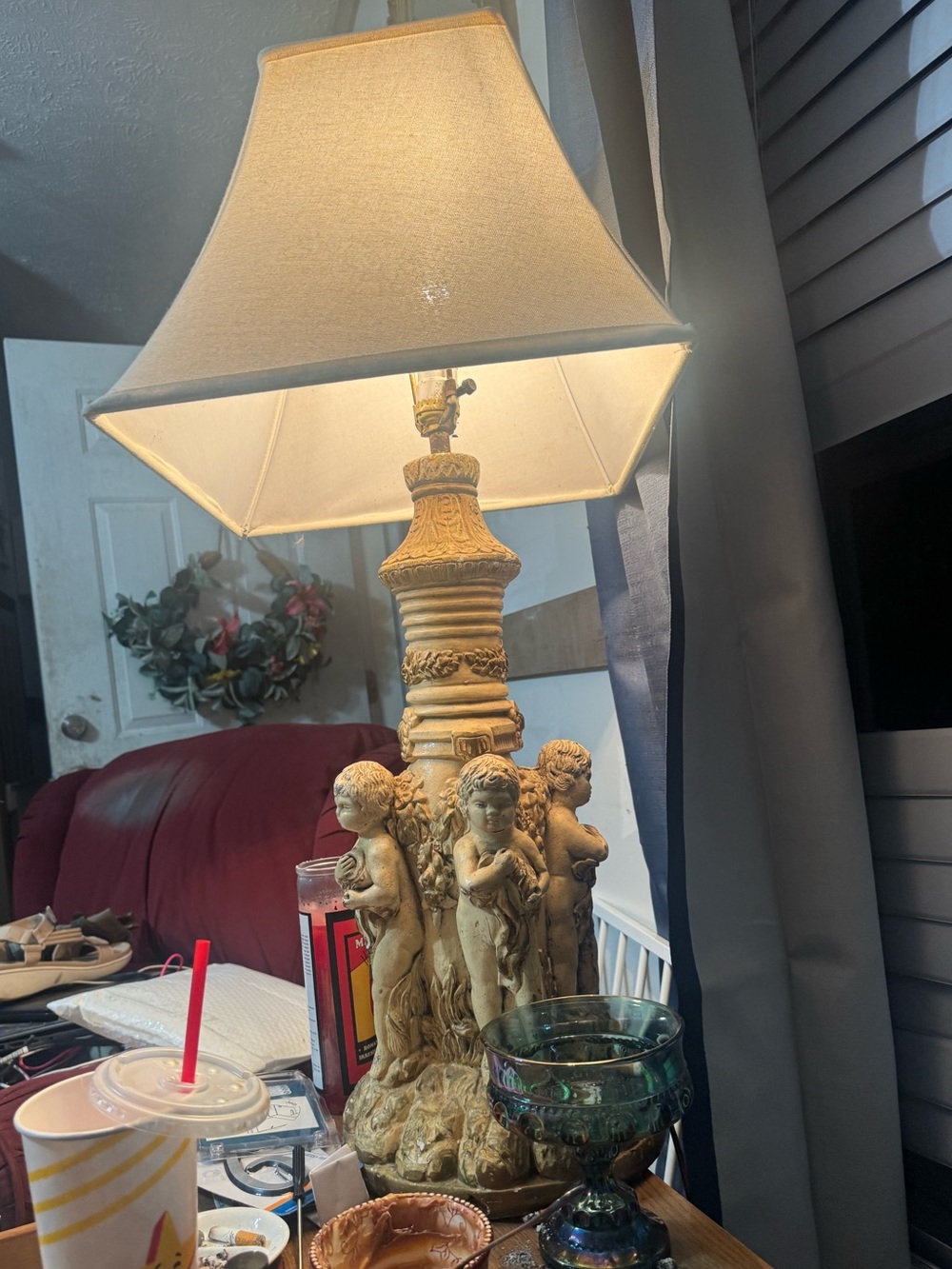 Ornate Cream Cherub Table Lamp with Fabric Shade